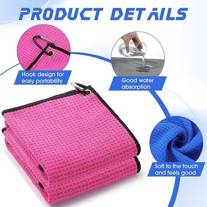 Batiyeer Golf Towel Bulk for Golf Bags 16'' x 16'' Microfiber Fabric Towel with Clip Waffle Pattern, Fitness, Camping, Hiking, Yoga