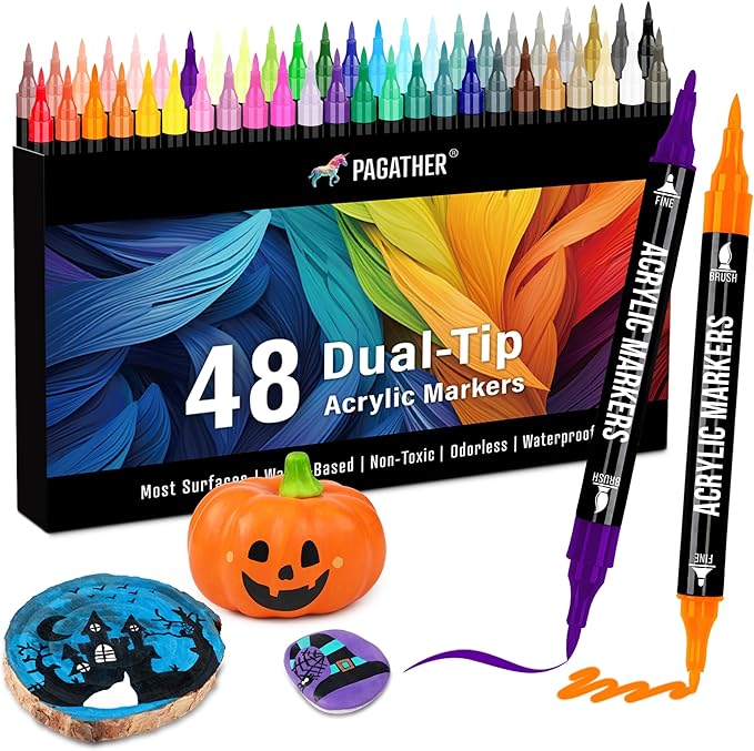 48 Colors Acrylic Paint Markers, Dual Tip by Pagather