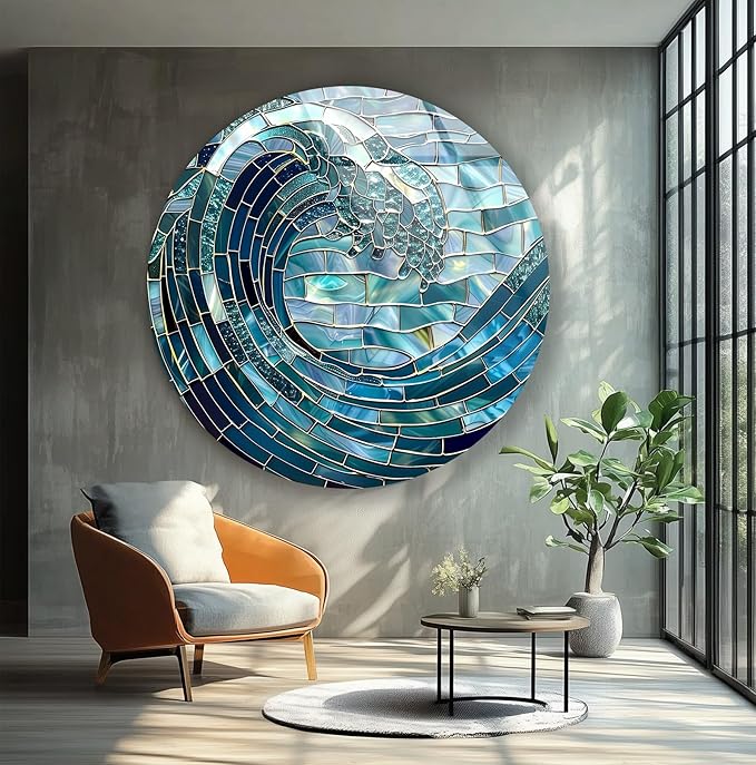 My Photostation.com 27.5'' Diameter Ocean Wave in Blue Mosaic Round Glass Wall - Image 4
