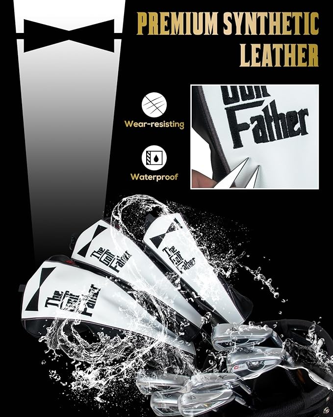 The Golf Father Funny Golf Club Covers, Driver Fairway Wood Hybrid Headcover, Mallet Putter Covers Blade Headcovers Putter Cover Magnetic, Black and White Color Iron Covers for Most Brands