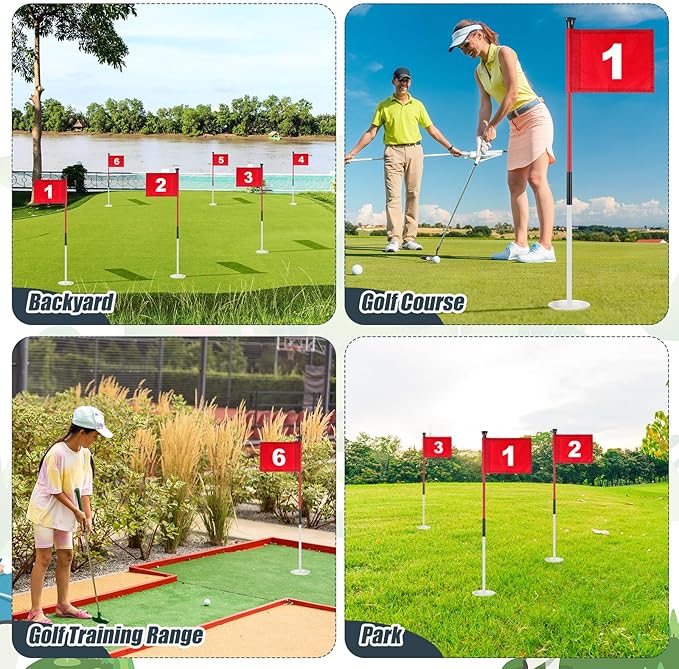 Lenwen 6 Set Golf Flagstick Golf Pin Flag Hole Cup Set Putting Green Poles Nylon Practice Portable Putting Green Gifts for Yard Backyard Garden Driving Range