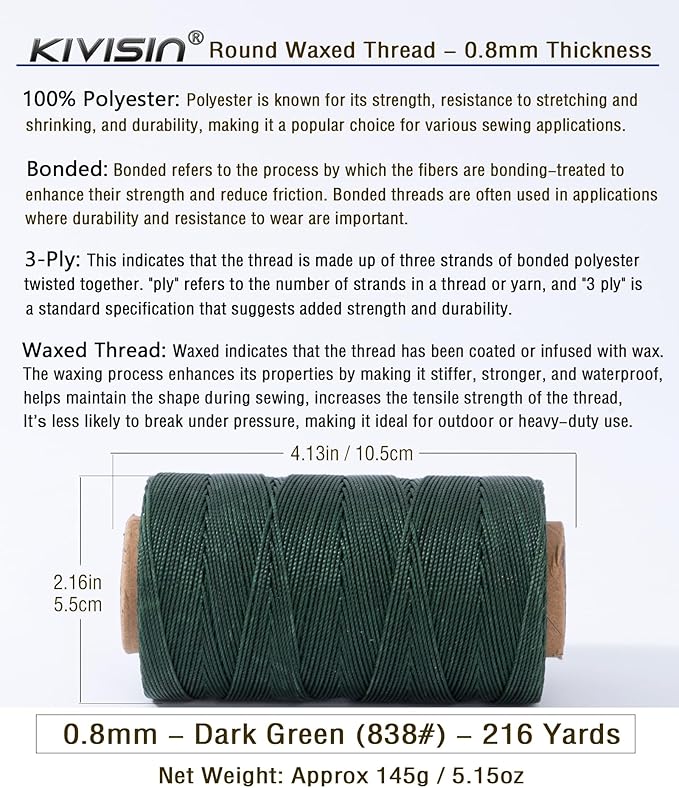 Heavy Duty Round Waxed Thread 0.8mm, 218 Yards, Dark Green, Bonded Thick - Image 2