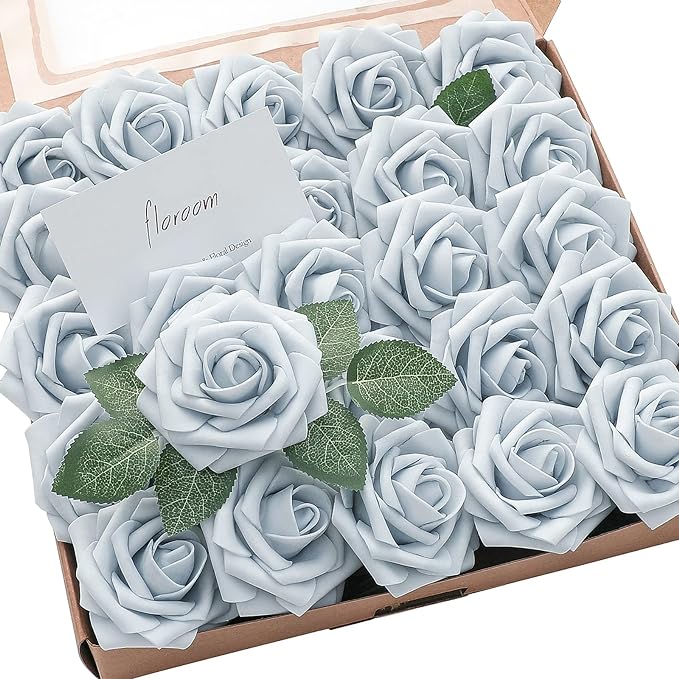 Floroom Artificial Flowers 50pcs Real Looking Powder Blue Foam Fake Roses by Floroom