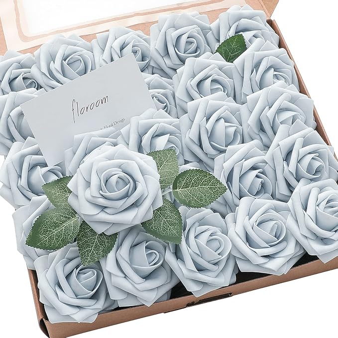 Floroom Artificial Flowers 25pcs Real Looking Powder Blue Foam Fake Roses by Floroom