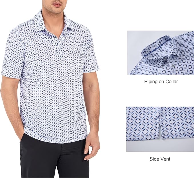 Alex Vando Mens Golf Shirt Moisture Wicking Quick-Dry Print Performance Polo Shirts for Men