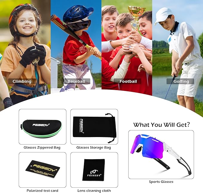 FEISEDY Kids Sunglasses Youth Baseball Sun Glasses, UV400 Sports Teens Cycling Shades for Boys Girls Age 8-16 B0048