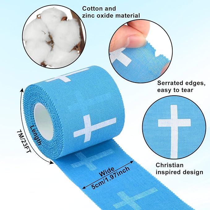 MiniInflat 2 Pcs Christian Cross Athletic Tape Sports Tape 2in x 23ft Religion Jesus Wrist Wrap for Soccer Football Baseball, Gift for Graduation Teacher Nurses Week Pentecost(Blue,Crosses)