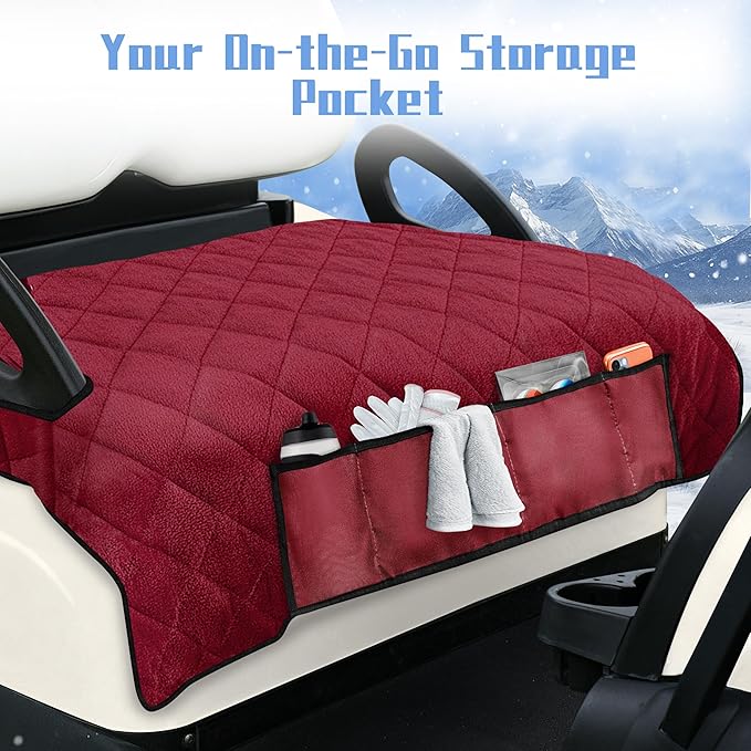 YOKYHOM Golf Cart Seat Covers with 4 Front Pockets, Thick Seat Towel Blanket with Non-Slip Backing, Fits EZGO, Club Car, Yamaha and More 2 & 4 Passenger Golf Carts, Red