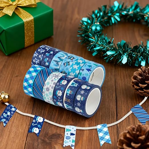 12 Rolls Winter Washi Tape Set Blue White Snowflake Snowman Holiday Masking - Image 5