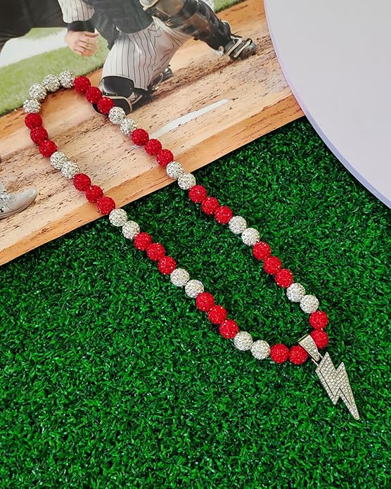 Baseball Necklace for Men 16/18/20 Inch Bling Ice Collection Lightning Bolt Pendant Necklace for Women Rhinestone Clay Beaded Discoball Accessories Gifts for Baseball Team Players Lovers