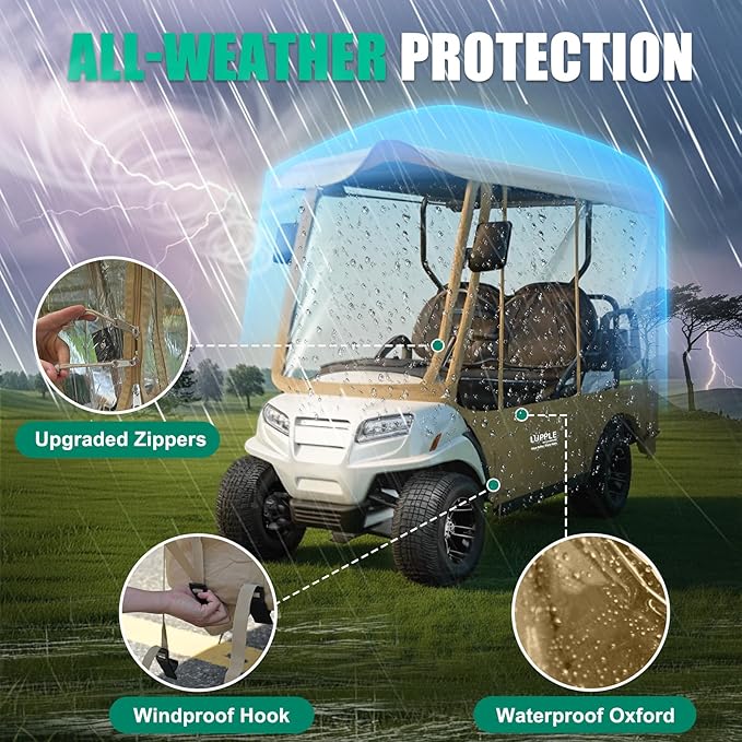 Golf Cart Enclosure 4 Passenger Extended Roof for EZGO/Club Car/Yamaha/ICON, Fits 2+2 Seater Model, 600D Waterproof Rain Cover with Clear PVC Windows and 4-Sided Roll-Up Zipper Doors