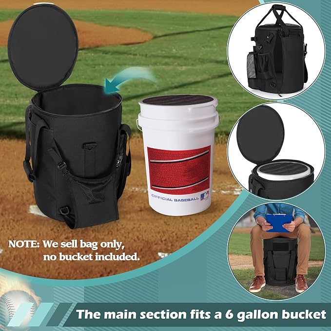 Smasrob Baseball Coaches Bag Fits 6 Gallon Ball Bucket, Baseball Bucket Bag with Backpack and Shoulder Straps