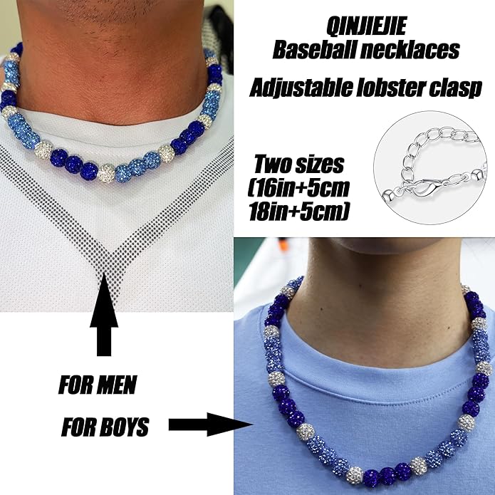 QINJIEJIE Baseball Necklace for Men Glitter Bling Rhinestone Beaded Collection Necklace for Women 16/18in Inspired Sports Jewelry Baseball Chain Cool Gifts for Baseball Players Team Lovers