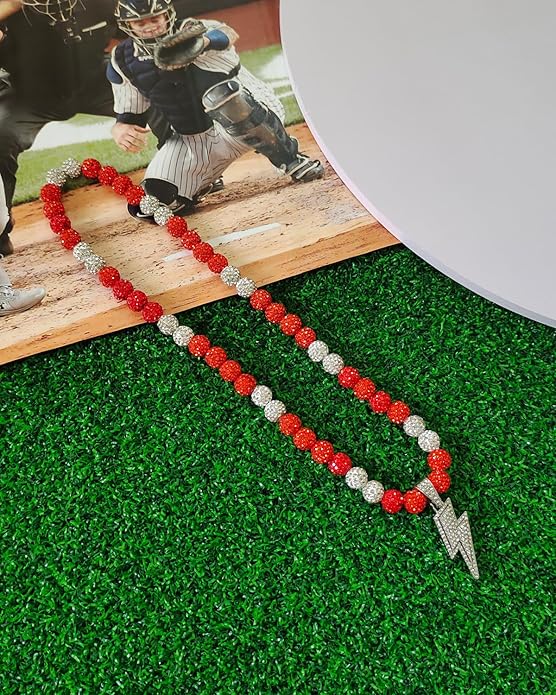 Baseball Necklace for Men 16/18/20 Inch Bling Ice Collection Lightning Bolt Pendant Necklace for Women Rhinestone Clay Beaded Discoball Accessories Gifts for Baseball Team Players Lovers