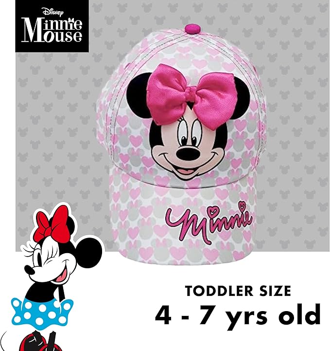 Disney Girls Baseball Cap-3D Bow Curved Brim Strap Back Hat (4-7), Size 2-4T, Minnie Mouse Hearts