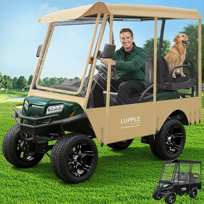Golf Cart Enclosure 4 Passenger Extended Roof for EZGO/Club Car/Yamaha/ICON, Fits 2+2 Seater Model, 600D Waterproof Rain Cover with Clear PVC Windows and 4-Sided Roll-Up Zipper Doors