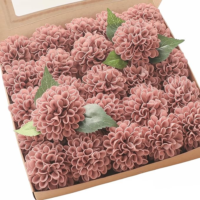 Floroom Artificial Dahlia Flowers 25pcs Real Looking Dusty Rose Foam Fake Roses by Floroom