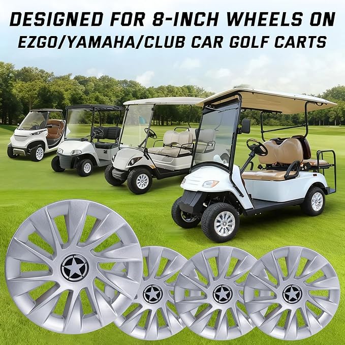 8 Inch Golf Cart Hub Caps Wheel Covers for EZGO Club Car Yamaha Accessories, Snap-On Plastic Hubcaps Set of 4, Silver Chrome Finish for Most 8" Wheels (Silver)