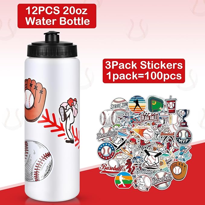 Baseball Party Favors, 12 Pack Baseball Water Bottles with 300 PCS Stickers, 20 oz Sports Squeeze Bottle, BPA-Free Reusable Water Bottles Bulk for Boys, Gifts For Team