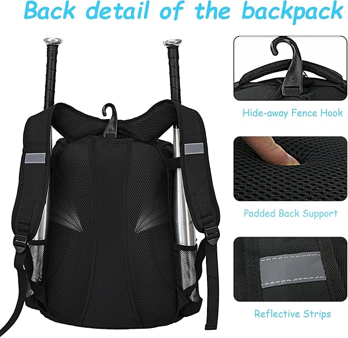 LARIPOP Youth Baseball Bag, Bat Backpack with Fence Hook & Separate Shoe Compartment, Waterproof Equipment Bag for Baseball, T-Ball & Softball