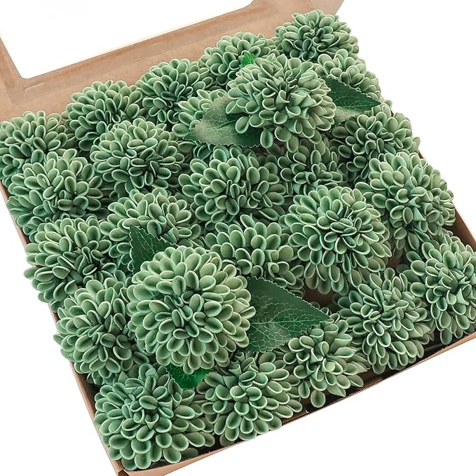 Floroom Artificial Dahlia Flowers 25pcs Real Looking Elf Green Foam Fake Roses by Floroom