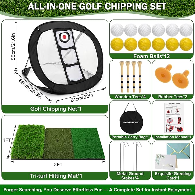 Golf Chipping Net with Tri-Turf Hitting Mat Set - Foldable Practice Target, 12 Foam Balls & 6 Tees in Carry Bag - Indoor Outdoor Backyard Golf Precision Training Gift & Aid for Beginners