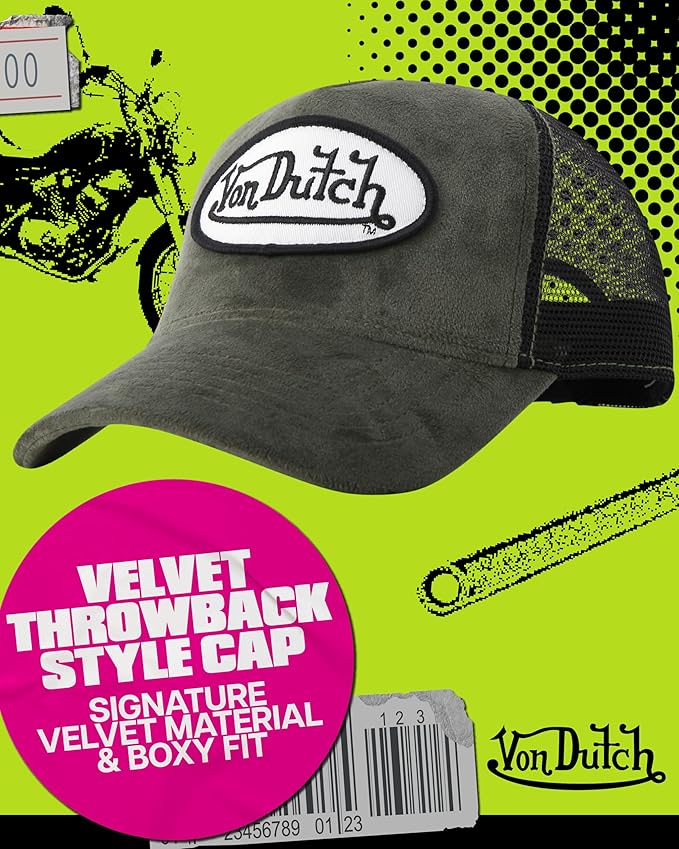 Von Dutch Unisex Trucker Hat - Velvet Curved Bill Mesh Back Retro Classic Adjustable Snapback Baseball Cap for Men and Women