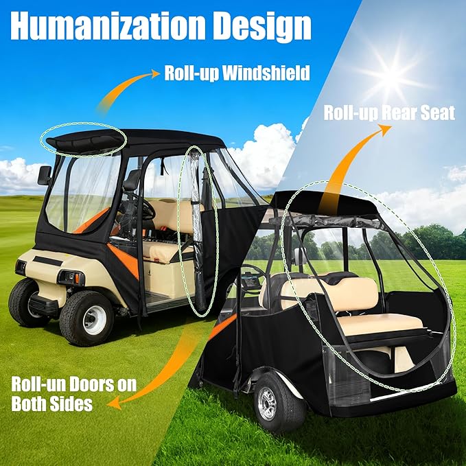 10L0L Golf Cart Driving Enclosure for Club Car DS, 2+2 Passenger Short Roof, Waterproof Windproof Heavy Duty 600D Rain Cover with 4-Sided Clear Windows & Durable Door Zipper, All-Weather Protection