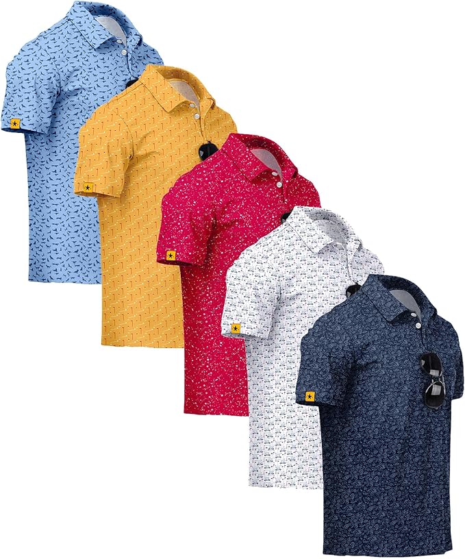 ZITY 5 Pack Mens Golf Shirt Short Sleeve UPF 50+ Moisture Wicking Performance Print Patterns Casual Golf Polo Shirts for Men