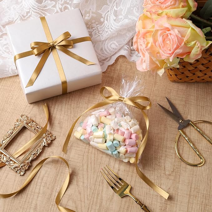 LaRibbons Gold Satin Ribbon 3/8 Inch 50 Yards Thin Luxury Double Faced Pale - Image 3