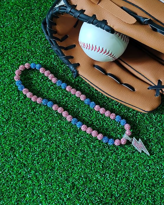 Baseball Necklace for Men 16/18/20 Inch Bling Ice Collection Lightning Bolt Pendant Necklace for Women Rhinestone Clay Beaded Discoball Accessories Gifts for Baseball Team Players Lovers