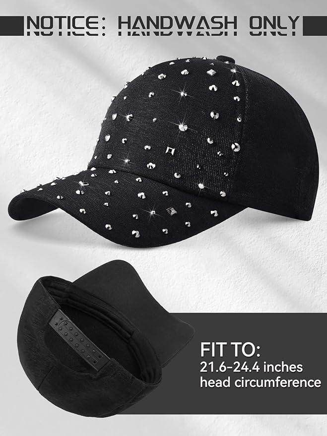 Loopeer 2 Pcs Adjustable Breathable Rhinestone Baseball Cap for Women Men Sequins Casual Sports Cap Rhinestone Hat