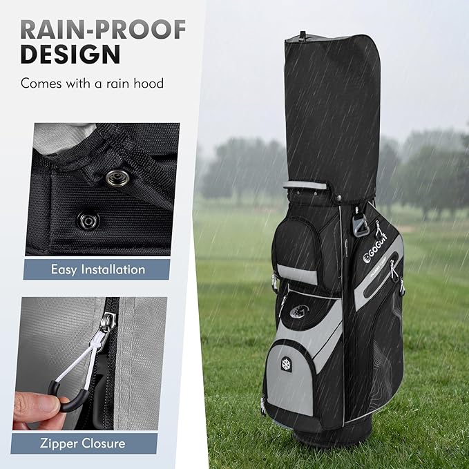 Tangkula Golf Cart Bag with 14-Way Full Length Dividers, 6 Molded Lock Top Golf Club Bag with 11 Pockets, Cooler Bag, Padded Strap, Handles, Umbrella Holder & Rain Hood