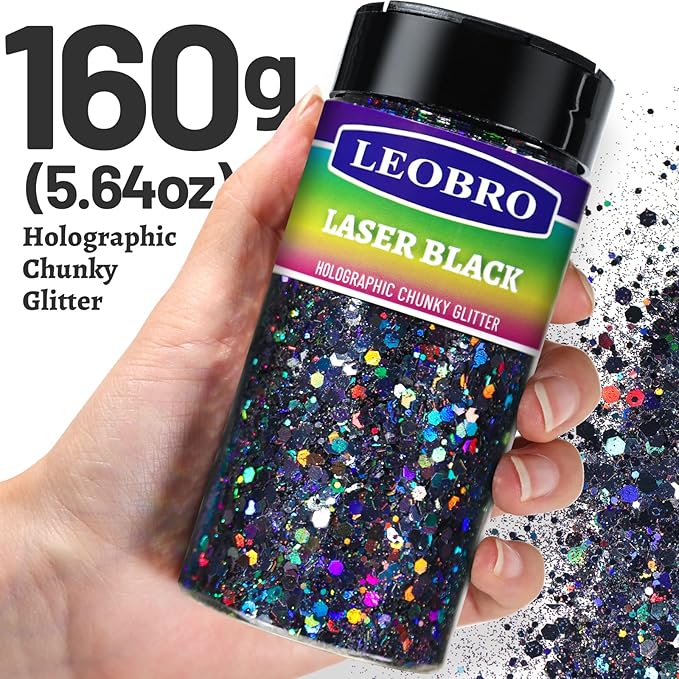 LEOBRO Black Glitter, 160g/5.64oz Holographic Chunky Glitter - Image 2