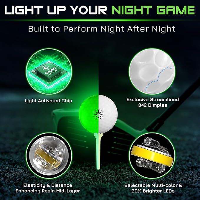 KINGTOP Upgraded Glow in The Dark Golf Balls - Super Bright Light Up LED Golf Ball - with Glow Golf Tees and Storage Bag - Fun Night Golfing Gift for Men and Women | Backyard Putting Greens