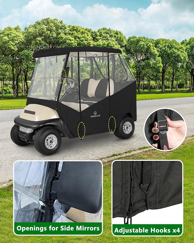 2 Passenger Golf Cart Enclosure for Club Car Precedent Tempo Onward, 600D Waterproof Driving Rain Cover with Full Roll-Up Clear Windows & Doors, Heavy Duty Zippers & Side Mirror Openings
