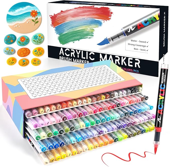 120 Colors Acrylic Paint Markers, Soft Brush Tip Pens by Goldge