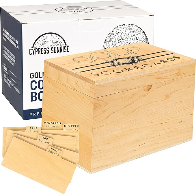 Golf Scorecard Collection Box - Holds Scorecards, Photos, Keepsakes, Yardage Books | Golf Storage Box with 5 Dividers to Organize and Display Golf Score Cards and Accessories Perfect Unique Golf Gift