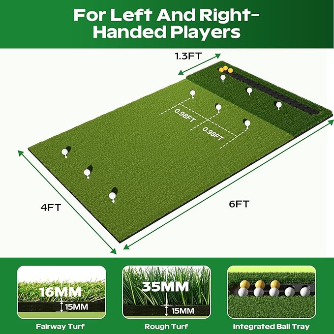 RIKADE Golf Mat - 5x4ft & 6x4ft 26mm-31mm Golf Hitting Mat for Simulators, Backyard, Garage, Indoor & Outdoor Use, Features Dual-Turf Mats with Ball Tray for Chipping and Swing Training