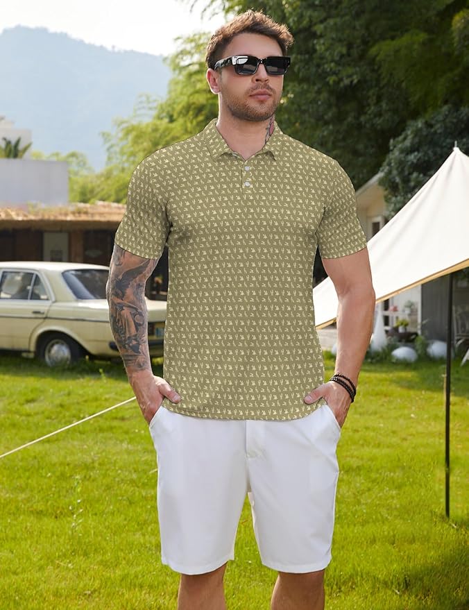 HUURAY Funny Golf Polos for Men Funny Print Short Sleeve Shirts Quick Dry Polo Shirts Hawaiian Shirt Performance Golf Outfits
