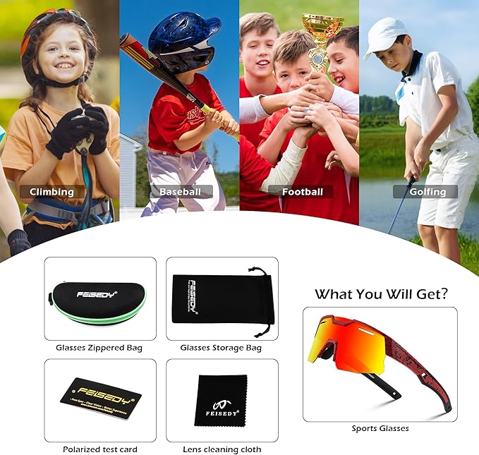 FEISEDY Kids Sunglasses Youth Baseball Sun Glasses, UV400 Sports Teens Cycling Shades for Boys Girls Age 8-16 B0048