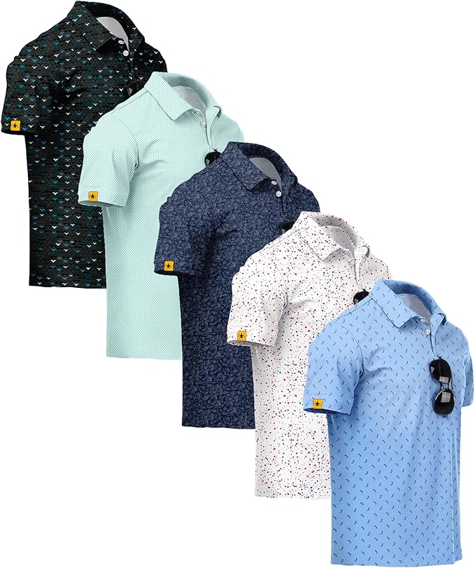 ZITY 5 Pack Mens Golf Shirt Short Sleeve UPF 50+ Moisture Wicking Performance Print Patterns Casual Golf Polo Shirts for Men