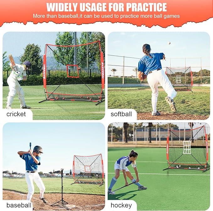 BaseGoal 6'×6' Baseball Softball Practice Net,Baseball Backstop,with Batting Tee,Ball Caddy,for Hitting Pitching Batting Catching with Bow Frame,Bonus Strike Zone,Target,Portable and Foldable