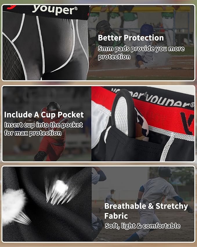 Youper Adult Elite Compression Padded Sliding Shorts w/Cup Pocket for Baseball, Football