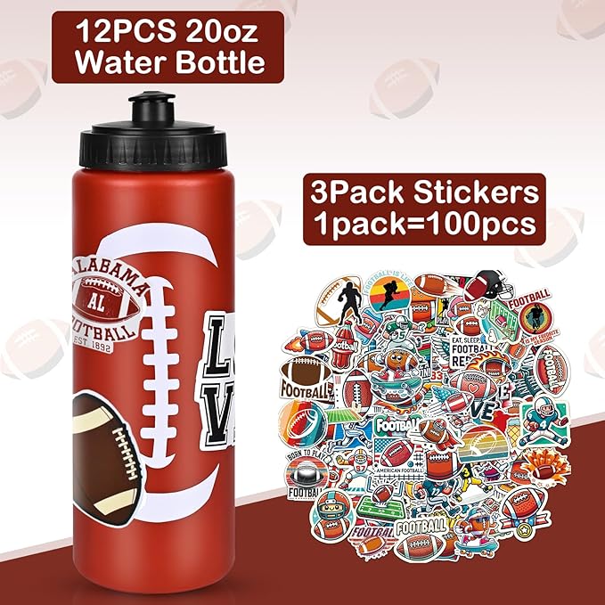 Football Party Favors, 12 Pack Football Water Bottles with 300 PCS Stickers, 20 oz Sports Squeeze Bottle, BPA-Free Reusable Water Bottles Bulk for Boys, Gifts For Team