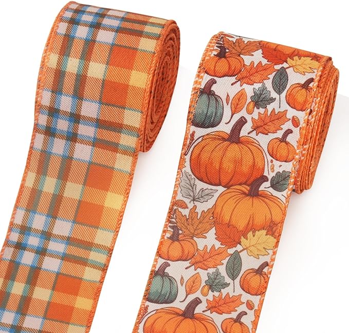 2 Rolls Fall Pumpkins Ribbons for Bows, Thanksgiving Wired Edge Burlap Ribbon by Estivaux