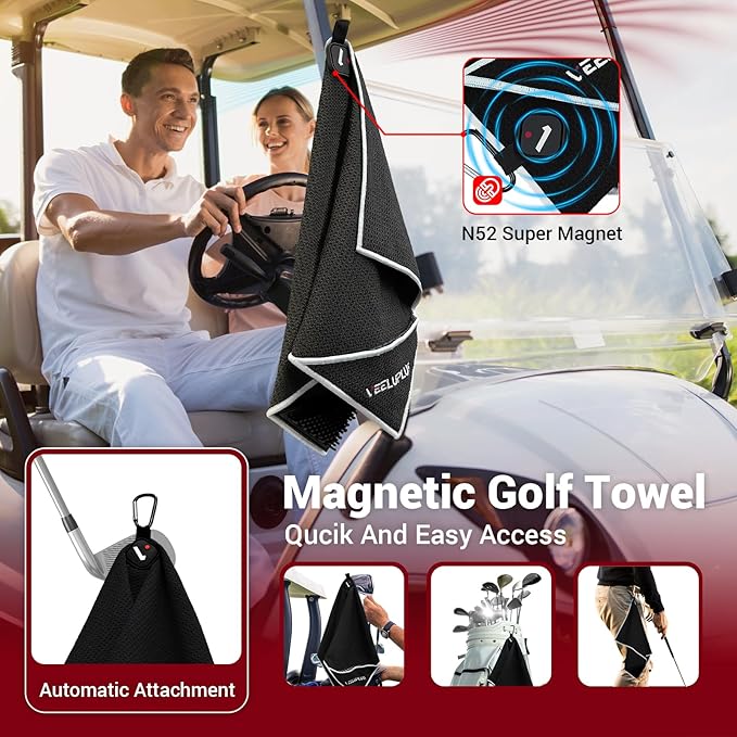 4-in-1 Magnetic Golf Towel with Brush & Cleaning Pocket - Premium Construction Golf Towel- Super Strong Golf Club Cleaner- Microfiber Waffle Design-15.7" X 23.6" Golf Accessories and Gifts for Men