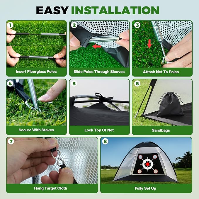 Golf Net 10x7FT All-in-One with Tri-Turf Practice Mat, Ball, Target & Carry Bag, Backyard & Indoor Outdoor Golf Hitting Net for Driving, Chipping, Swing Training, Golf Gift for Men, Dad, Him, Golfer