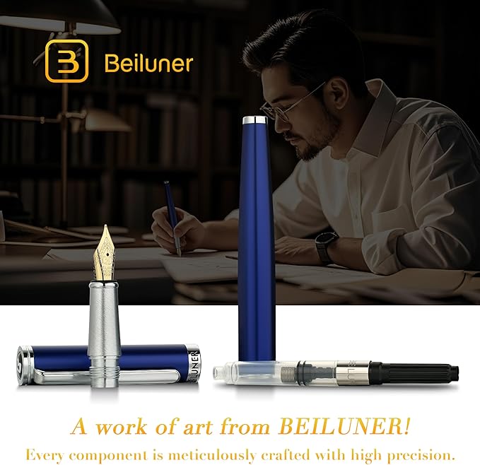 BEILUNER Luxury Fountain Pen Set, Solid 24K Gilded Medium Nib, Modern Classic - Image 3