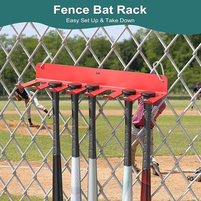 QBA Wall Mount Baseball Bat Holder, Heavy Duty Metal Bats Rack, Holds 14 Bats, Bat Organizer for Dugout Fence Home Garage (Red)